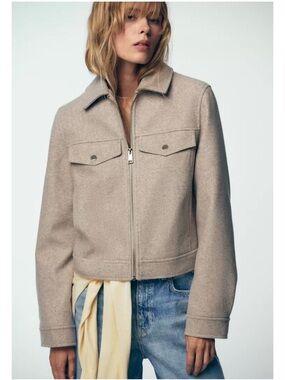 Zara Taupe Zip-Front Wool-Blend Jacket